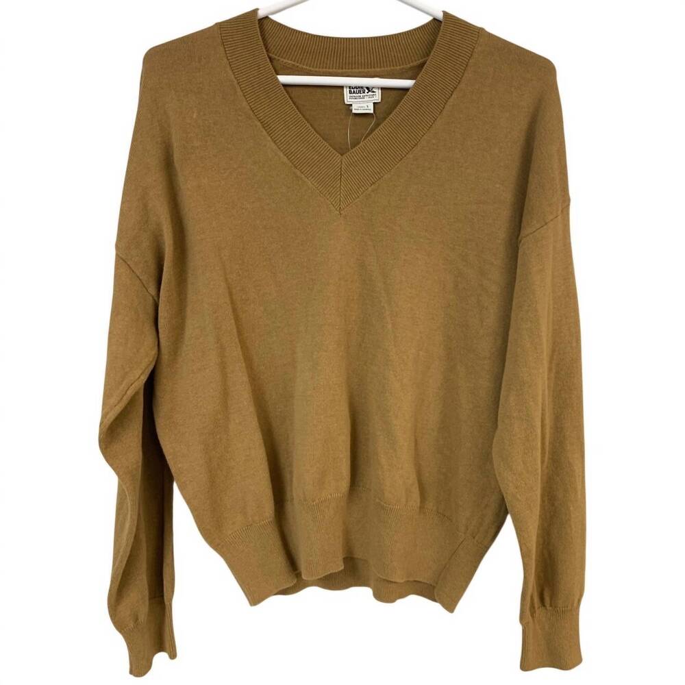 NEW EDDIE BAUER women's cotton everyday v-neck pullover sweater in camel brown